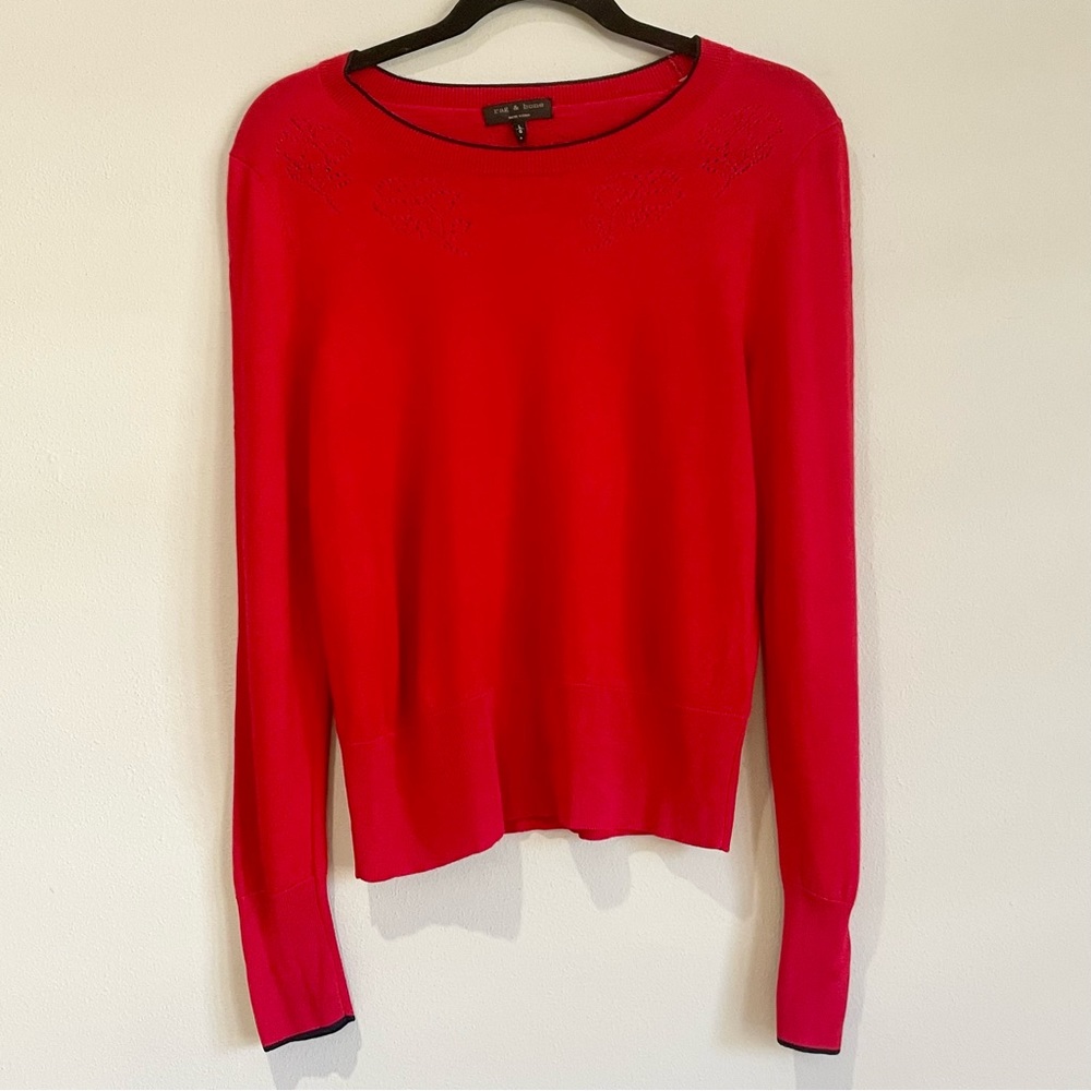 Rag & Bone Merino Wool Red Floral Pointelle Knit Holiday Sweater - Large